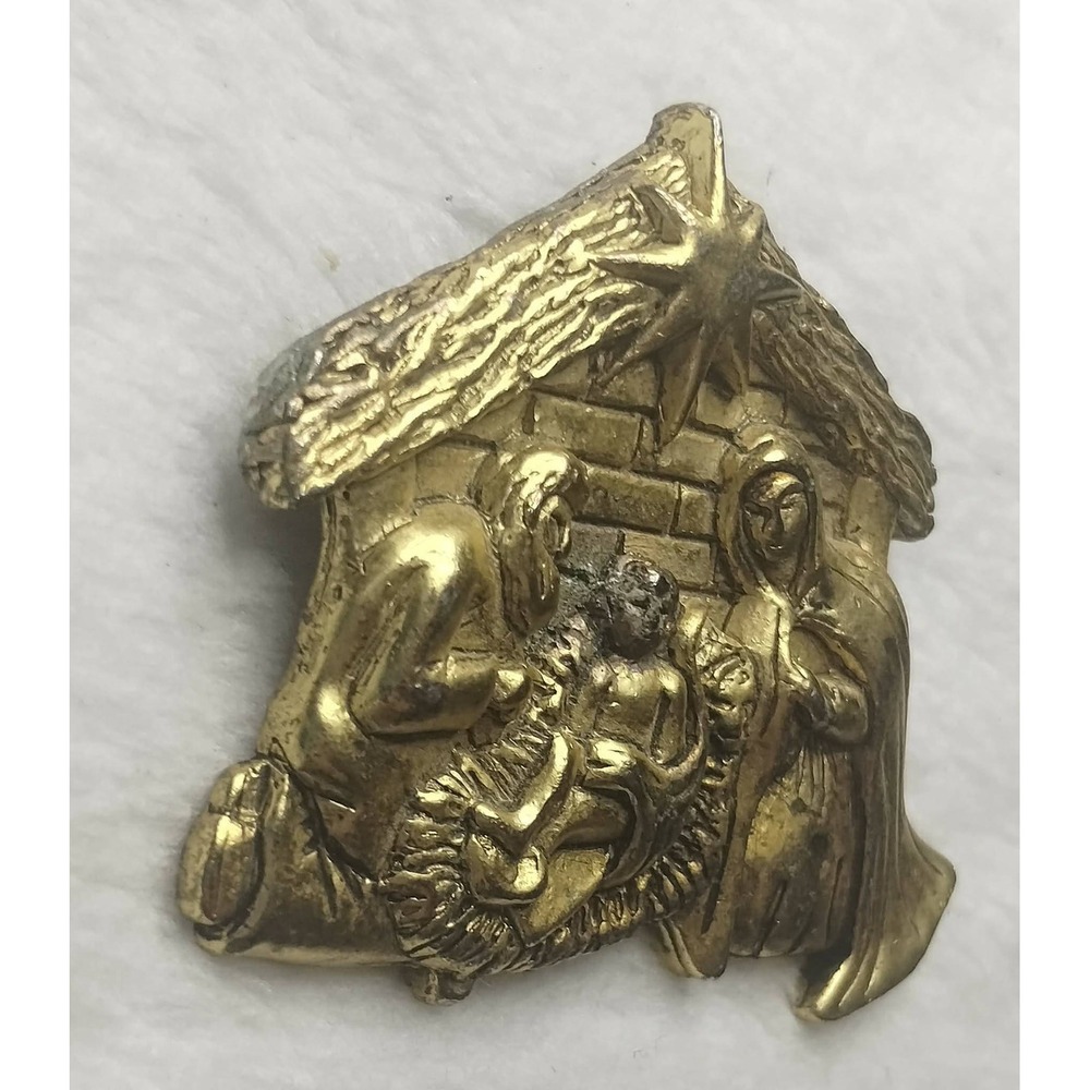 Vintage Gold Tone Nativity Scene Brooch Pin Holy Family Manger Christmas Star